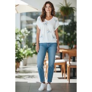 LIV Milano Womens White Dragonfly Embellished V-Neck Short Sleeve Knit Top Small